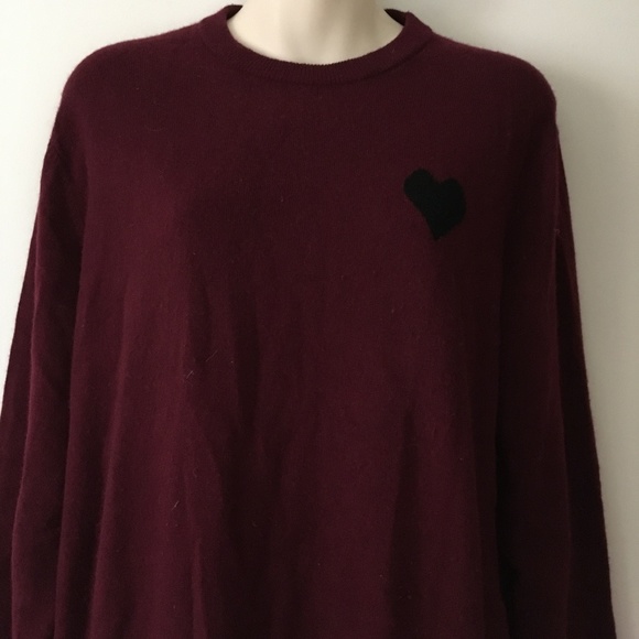 SAKS FIFTH AVENUE Burgundy Merino Wool Black Intarsia Heart Crew Sweater XL - Picture 2 of 4